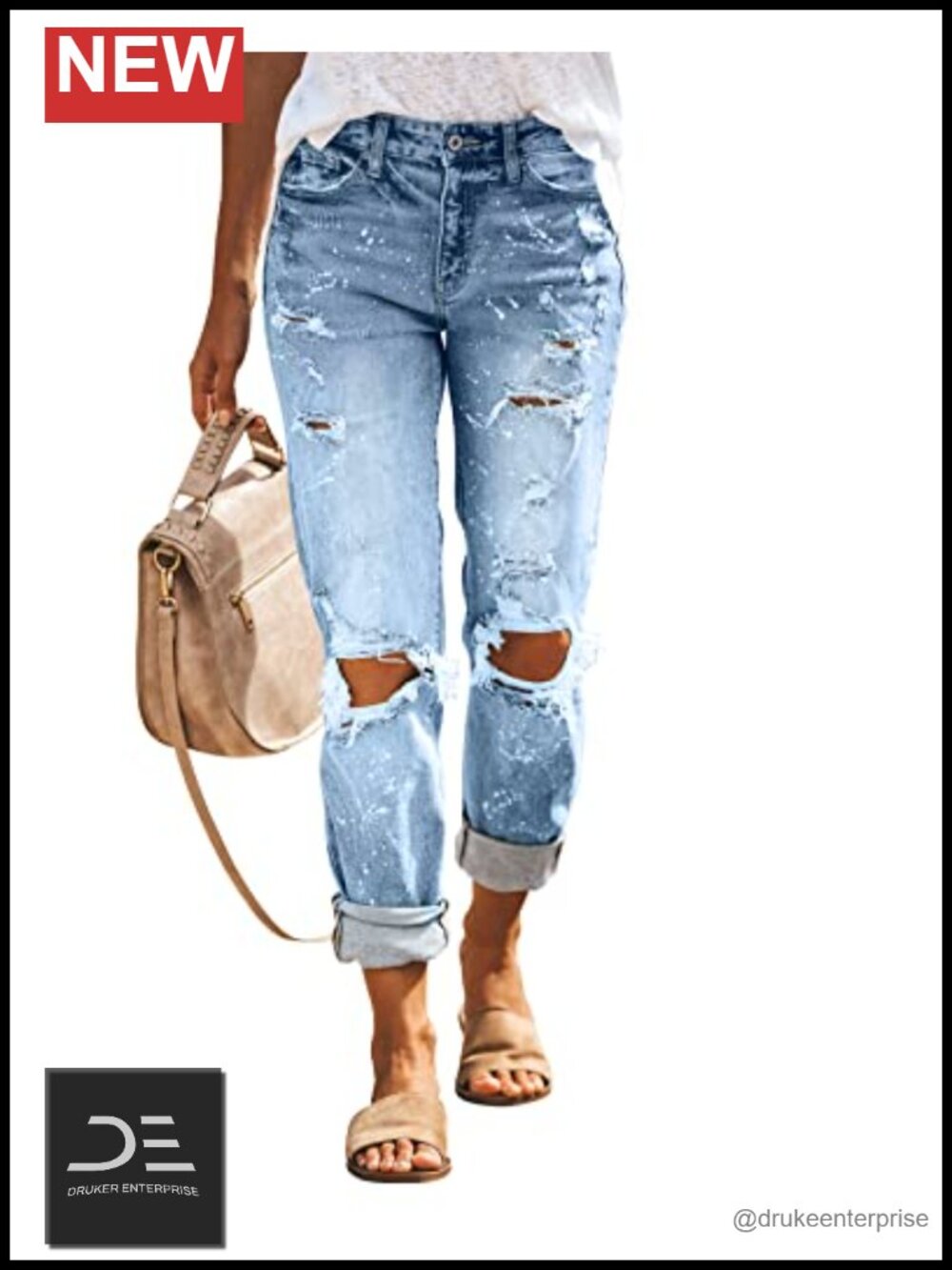 Women's Ripped Mid Waisted Boyfriend Jeans Loose Fit Distressed Stretchy Denim